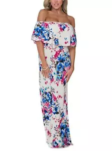 White Off Shoulder Blue Rosy Floral Ruffle Maxi Dress - Bild 1 von 6