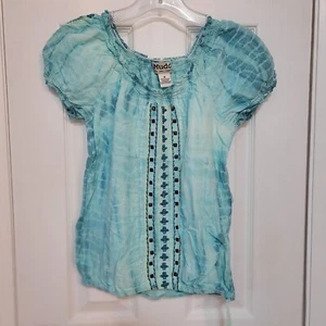 MUDD EMBROIDERED AQUA SHORT SLEEVE PHEASANT SHIRT/TOP GIRLS SIZE MED PRE-OWNED - Picture 1 of 3