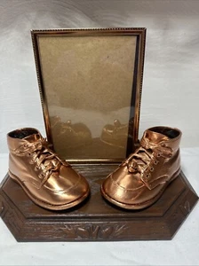 Vintage Art Deco Bronze Copper Photo Frame w/ Baby Shoes / Bell Souvenir 5" X 7" - Picture 1 of 14