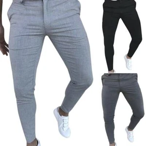 Casual Mens Skinny Stretch Business Office Formal Trousers Male Slim Fit Pants - Picture 1 of 9