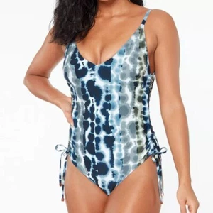 Bar III Printed Shirred-Side One-Piece Swimsuit Blue Green Tie Dye L Large NWT - Picture 1 of 2