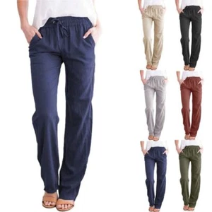Women's Straight Elastic Waist Pants Drawstring Cotton Linen Casual Loose Pants - Picture 1 of 31