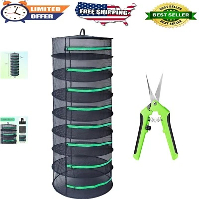 Rack de secagem de ervas 8 camadas com zíper verde e tesouras de poda grátis - 24" de diâmetro - Imagem 1 de 4