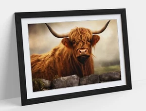 HIGHLAND COW BEHIND WALL, AUTUMN LANDSCAPE -FRAMED WALL ART POSTER PAPER PRINT - Picture 1 of 10