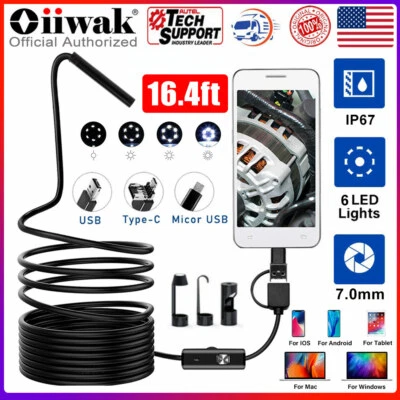 OIIWAK 3in1 7mm USB 6 LED Endoscope 5M HD Cams Inspection Camera For Android/Laptop/PC