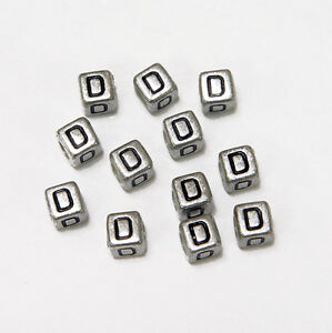 6mm Silver Metallic Alphabet Beads Black Letter "D" 100pc
