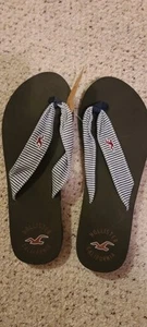 New Hollister Navy Blue Flip Flops Sandals with Seagull Size 9 - Picture 1 of 3