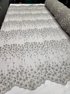 Silver Beaded Lace Fabric By The Yard Floral Flowers Embroidery Pearls Prom - Picture 1 of 14