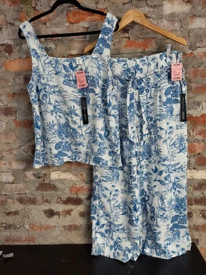 New Nicole Miller Linen Blend Outfit Set Womens XL Tank Top Shirt Pant Blue rp - Image 1 of 4