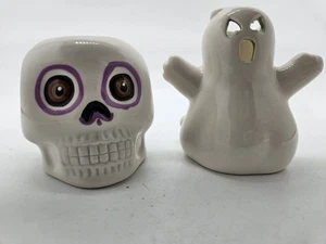White Skull And Ghost Tealight Candle Holders Halloween Decor - Picture 1 of 5
