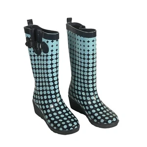 Cappelli NY Womens Teal Navy Polka Dots Pull On Wedge Heel Rain Boots 8M - Picture 1 of 13
