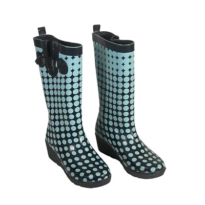 Botas de lluvia Cappelli NY para mujer verde azulado azul marino lunares tacón de cuña 8M Foto 1 de 4