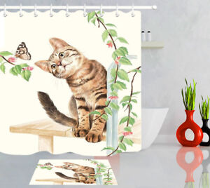 Cute Cat & Butterfly Shower Curtain Watercolor Fabric Bathroom Accessories Set