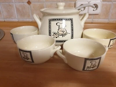 Suppenterrine mit 4 Suppentassen -Suppenlöffel aus Keramik -Koch mit Mütze-Beige - Bild 1 von 4