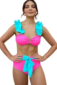 Traje de baño SPORLIKE para mujer con volantes cintura alta correas ajustables bikini acolchado natación - Imagen 1 de 26