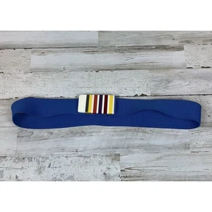 80s Stretch Belt Navy Blue Striped Clip Buckle Vintage - Picture 1 of 4