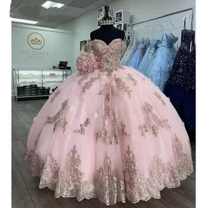 Vestidos Rosa Quinceañera Brillante Flor Encaje Corsé Hasta el Suelo Corsé Espalda - Imagen 1 de 10