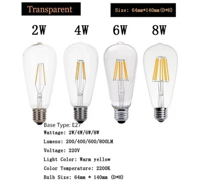 Vintage LED Filament Edison Bulbs E27 Screw ES ST64 2W 4W 6W 8W Clear Glass Bulb - image 1 of 4