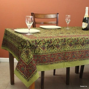 Cotton Block Print Floral Camel Tablecloth Rectangle Olive Green Dining Linen - Picture 1 of 5