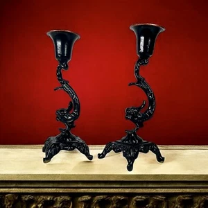 Vintage Gothic Cast Iron Black Enamel Dragon Candlestick Holders - Picture 1 of 9