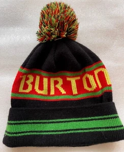 BURTON KNIT SKI HAT WITH POM POM, BLACK, RED, GREEN, YELLOW, EUC - Picture 1 of 7