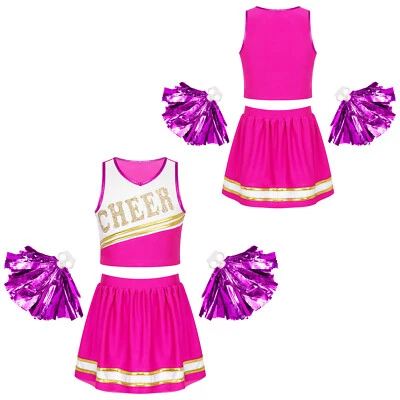 Girls Cheerleader Costume Kids Cheer Outfit Uniform Dress with Pom Poms Set - Image 1 of 2