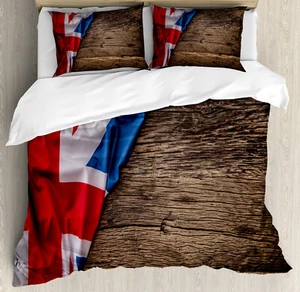 Union Jack Duvet Cover Set with Pillow Shams Flag on Oak Board Print - Picture 1 of 8
