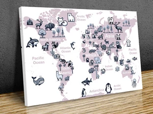 Kids World map Educational Animals Continents Oceans Mounted canvas/ print only - Picture 1 of 8