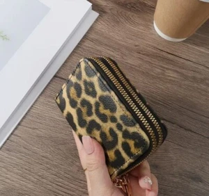 NEW WOMENS SMALL DOUBLE ZIP CREIDT CARD COIN WALLET LEOPARD BLACK ACCORDION FILE - Picture 1 of 6