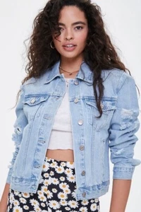 Forever 21 Denim Trucker Jacket Womens Sz Small 45 Chest Blue Distressed - Picture 1 of 14