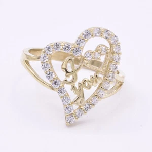 Women's Heart I Love You CZ Engagement Ring Real Solid 10K Yellow Gold - Picture 1 of 5