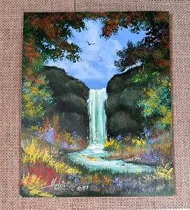 Vintage kleiner Wasserfall Gemälde Kunst Pappkarte Laub Landschaft Natur - Bild 1 von 4