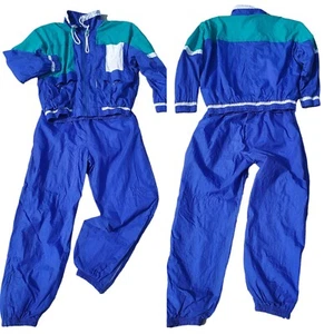 Vintage 80er Nylon Trainingsanzug Jacke Hose Set Schulterpolster blau grün Damen L - Bild 1 von 23