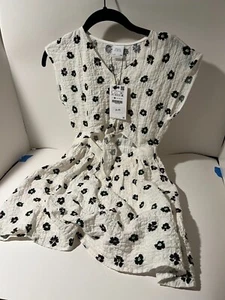 ZARA Girls Size 8 White Floral Cap Sleeve Cotton Dress Button Front Tummy Tie - Picture 1 of 4