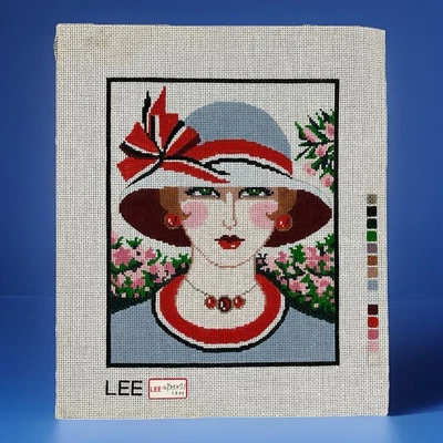 Lee Handpainted Needlepoint Canvas Vogue Woman In Hat Floral - Image 1 of 4