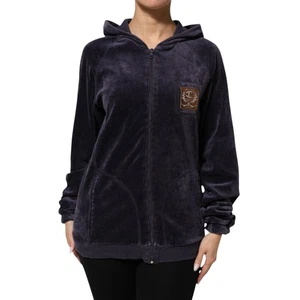 JUST CAVALLI Sweater Purple Cotton Blend Velvet Zip-Up Hoodie Sweatshirt s.Tag M - Picture 1 of 9