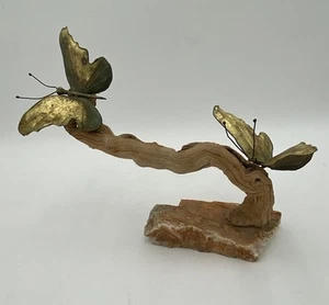 MCM Butterflies on Burlwood Sculpture Burnished Brass Rotating Stone Base - Picture 1 of 14