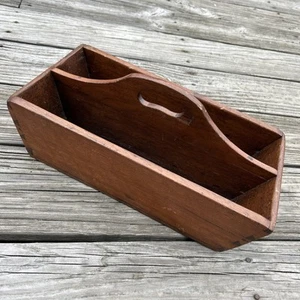 Vtg Wooden Tool Cutlery Carrier/Tote with Handle Hand Crafted Tongue And Groove - Picture 1 of 16