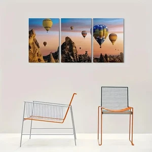 Impresión metálica de paisaje atardecer globo aerosol de aire caliente 3 piezas listo para colgar arte - Imagen 1 de 7
