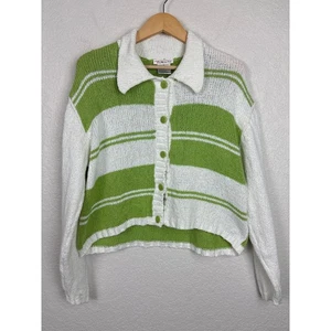 VTG Talbots Womens Cardigan Sweater Sz Medium Green White Cotton Beachy Coastal - Picture 1 of 10