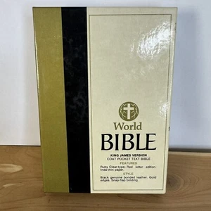 World Bible KJV Coat Pocket Text Bible BLACK Leather Gold Edges Snap-Flap - Foto 1 di 17