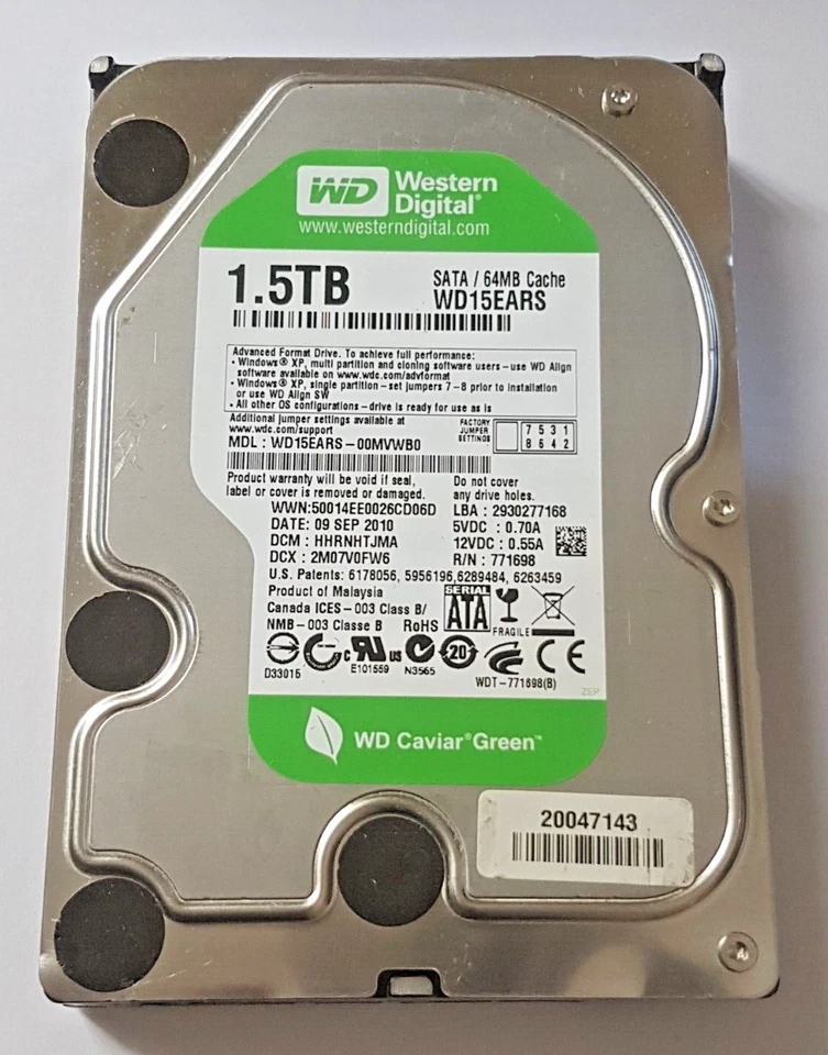 1.5 TB SATA Western Digital WD15EARS-00MVWB0 5400RPM 64MB HDD 3.5" Hard Drive - Image 1 of 1