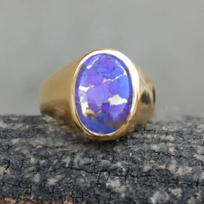 Solid 925 Sterling Silver Natural Purple Turquoise Gemstone Signet Men's Ring - Image 1 of 4