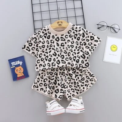 Niños Niñas Estampado Leopardo Algodón Niños Camisetas Conjuntos Ropa Verano Deportes 2 Piezas Foto 1 de 4