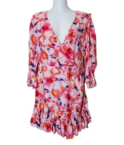 Betsey Johnson Dress Womens 8 Pink Floral Rose Bell Poet Sleeve Mini Faux Wrap - Picture 1 of 13