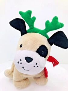 Hallmark Tan Black Christmas Puppy Dog 7" Plush Green Antlers Red Collar - Picture 1 of 5