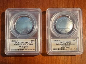 U.S. 2020-P&D  BASKETBALL HALL OF FAME SILVER HALF-DOLLARS PCGS PR70-DCAM & MS70 - Picture 1 of 6