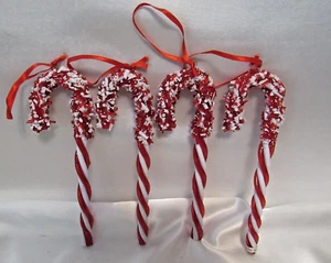 4 Vintage Christmas Twisted Candy Cane Ornaments Hard Plastic Beaded Top 7½ - Picture 1 of 8
