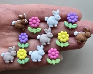 Craft Buttons TINY BUNNIES & FLOWERS Rabbit Easter Spring Sewing Card Making - Picture 1 of 4