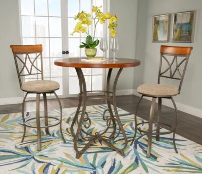 3-PCS  Dining Table Set WIth Steel Swivel Pub Chairs in Matte Pewter & Bronze - Image 1 of 4